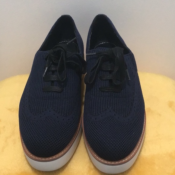 EUC. ZARA Fabric Platform Lace up Sneakers Navy Blue - Picture 2 of 15